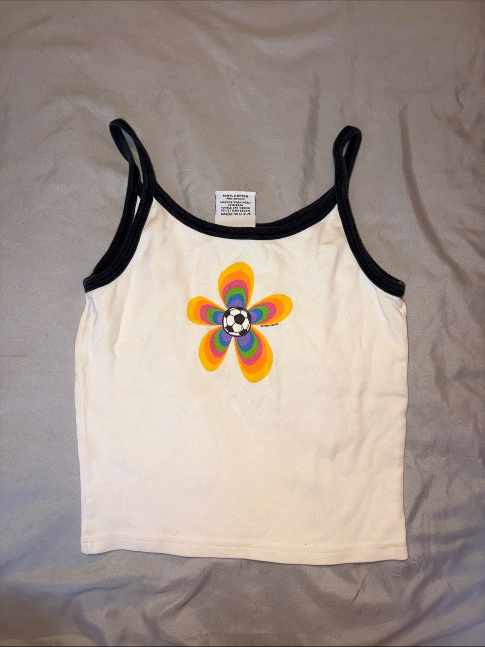 Kids White Tank Top with Rainbow Flower Soccer Graphic